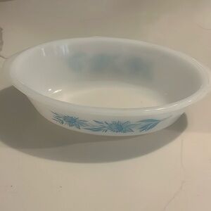 GLASBAKE Vintage Casserole Dish Jeannette Blue Thistle Milk Glass No Lid USA 60s